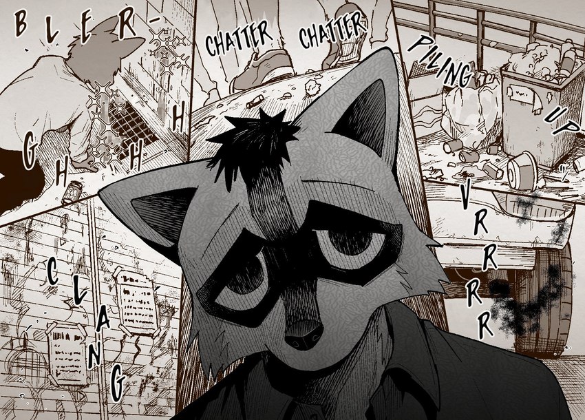 all_fours anthro bleak_ambiance bodily_fluids clothed clothing ears_down fully_clothed grate kemono male pivoted_ears sad solo trash trash_can trash_on_ground vomit vomiting dark_ishihara araizumi_funaka mammal procyonid raccoon comic hi_res