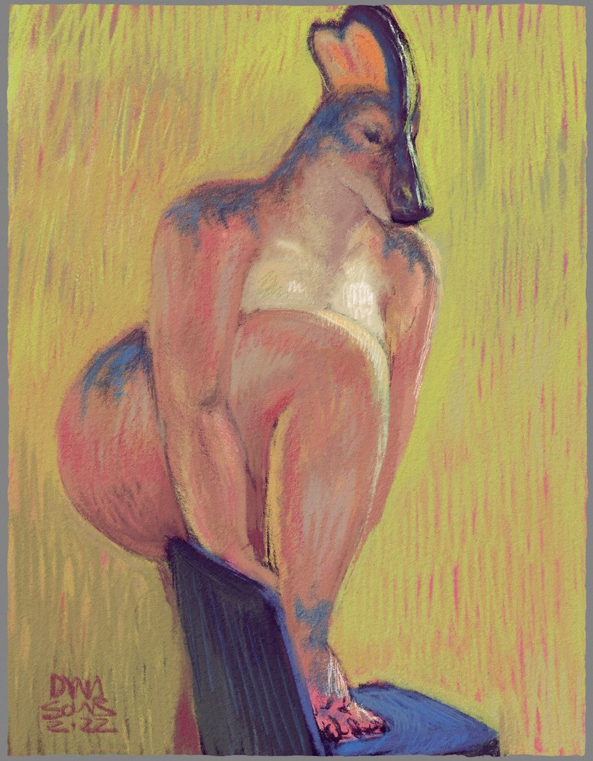 anthro beak big_butt blue_chair blue_markings brown_beak butt chair curvy_figure digital_pastel_(artwork) eyes_closed feet female foot_on_chair furniture green_background green_wall hand_on_chair head_crest impressionism impressionist_background markings nude orange_body orange_skin post-impressionism raised_leg simple_background solo thick_thighs toes dyna_soar dinosaur hadrosaurid ornithischian ornithopod prehistoric_species reptile scalie saurian_(disambiguation) 2022 cross-hatching digital_drawing_(artwork) digital_media_(artwork) digital_painting_(artwork) hatching_(art) hi_res shaded signature