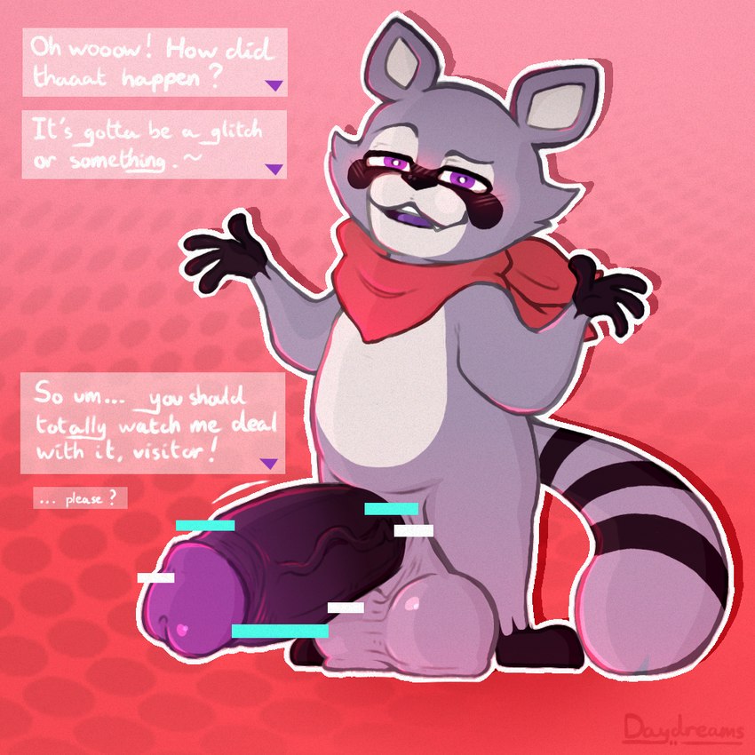 anthro balls big_balls big_penis big_tail black_feet black_hands blush dialogue feet fur genitals gesture gradient_background grey_body grey_fur half-erect huge_penis hyper hyper_genitalia hyper_penis kerchief male penis purple_eyes red_background saggy_balls shrug simple_background solo tail throbbing throbbing_penis white_sclera lewderdaydreams indigo_park rambley_raccoon mammal procyonid raccoon 1:1 signature