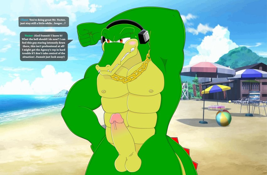 abs anthro balls beach blush collar collar_only electronics embarrassed erection exhibitionism flashing foreskin frenulum genitals headphones male muscular muscular_anthro muscular_male nipples non-mammal_balls non-mammal_nipples nude penis pronounced_browridge seaside solo speech_bubble text unwanted_erection meteorsmash sega sonic_the_hedgehog_(series) vector_the_crocodile crocodile crocodilian reptile scalie absurd_res english_text hi_res