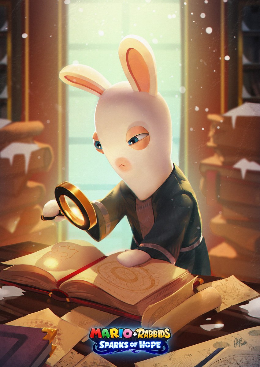 anthro black_clothing black_robe blue_eyes closed_frown clothed clothed_anthro clothed_male clothing frown furniture holding_magnifying_glass inside light long_ears male male_anthro mitten_hands mouth_closed multicolored_body narrowed_eyes no_eyebrows noseless open_book robe shelf snow solo squint table tan_body tan_eyelids tan_inner_ear tan_skin text title two_tone_body wall_(structure) window wood wood_furniture wood_table alessandra_de_bernardis mario_plus_rabbids_sparks_of_hope raving_rabbids rayman_(series) ubisoft lagomorph mammal rabbid 2022 absurd_res colored digital_drawing_(artwork) digital_media_(artwork) english_description english_text hi_res lighting official_art shaded