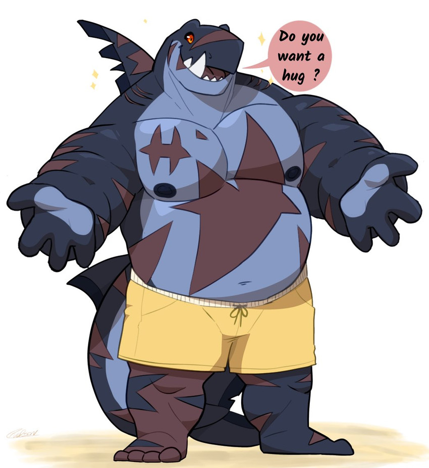 4_fingers anthro barefoot big_arms black_sclera bottomwear brown_markings clothed clothing dialogue dorsal_fin fangs feet fin fingers gills male markings musclegut muscular nipples non-mammal_nipples notched_fin offering_hug open_mouth orange_eyes pecs shorts simple_background solo sparkles speech_bubble spread_arms standing tail tail_fin teeth text topless topless_anthro topless_male white_background yellow_bottomwear yellow_clothing yellow_shorts same22shark nelson_(same22shark) fish marine shark 2022 digital_media_(artwork) english_text full-length_portrait portrait