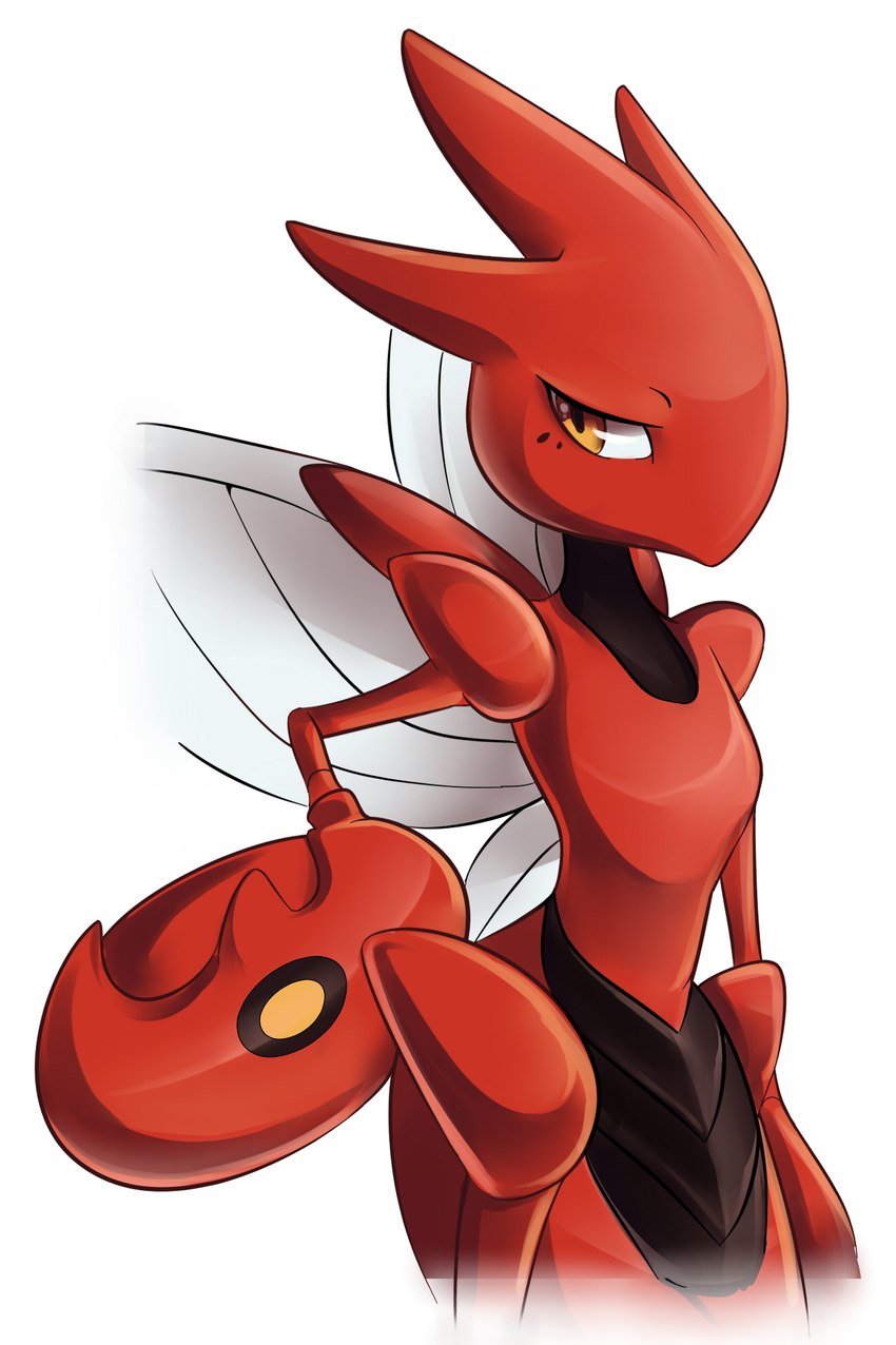 amber_eyes ambiguous_gender black_body hand_on_hip insect_wings looking_aside markings mole_(marking) multicolored_body pincers red_body simple_background standing two_tone_body white_background wings deedledove nintendo pokemon generation_2_pokemon pokemon_(species) scizor 2015 digital_drawing_(artwork) digital_media_(artwork) hi_res