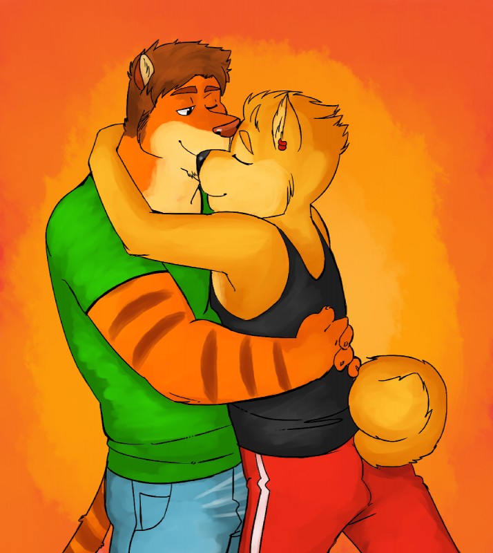 anthro cuddling duo eyes_closed fur hug male male/male romantic romantic_couple tail genchi canid canine canis domestic_dog felid mammal pantherine shiba_inu spitz tiger hi_res