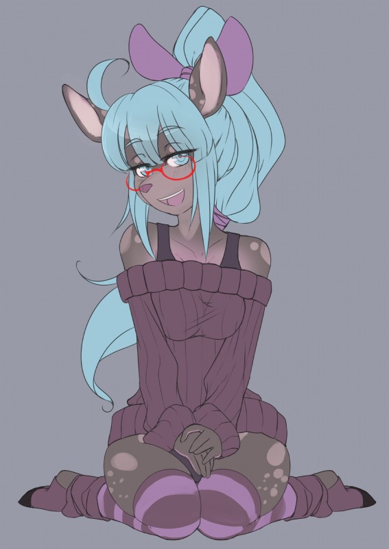 anthro biped blue_hair clothing eyewear female front_view glasses hair hooves kneeling legwear looking_at_viewer open_mouth pattern_clothing pattern_legwear smile solo stockings striped_clothing striped_legwear stripes sweater topwear ethersaga deer mammal absurd_res hi_res