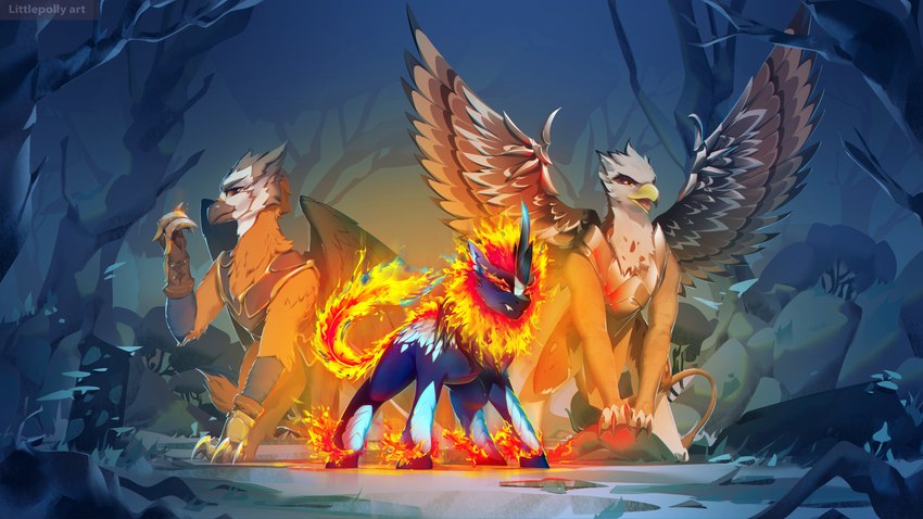 ambiguous_gender armor beak black_beak blue_body blue_fur brown_body brown_feathers claws feathered_wings feathers feral fire flaming_hair flaming_mane flaming_tail forest fur grey_body grey_feathers group horn long_tail mane open_mouth plant pseudo_hair pseudo_mane smile spread_wings tail tree trio white_body white_feathers wings yellow_beak littlepolly asian_mythology chinese_mythology east_asian_mythology hasbro my_little_pony mythology fan_character makari_(oc) ospreay_(oc) tundra_(oc) avian dragon gryphon kirin mythological_avian mythological_creature mythological_scalie scalie absurd_res hi_res