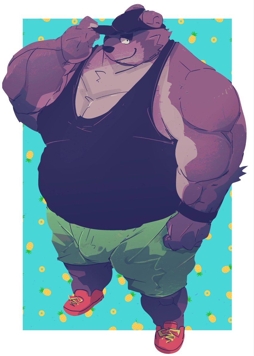 anthro belly big_belly bottomwear bulge clothing food fruit hat headgear headwear kemono male musclegut muscular overweight overweight_male pineapple plant shirt shorts solo topwear dumdum bear mammal 2023 absurd_res hi_res