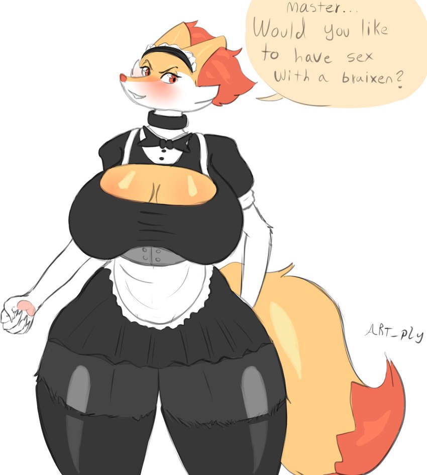 anthro big_breasts breasts clothed clothing dialogue female imminent_sex looking_at_viewer looking_pleasured smile solo talking_to_viewer thick_thighs artply nintendo pokemon braixen canid generation_6_pokemon mammal pokemon_(species) hi_res