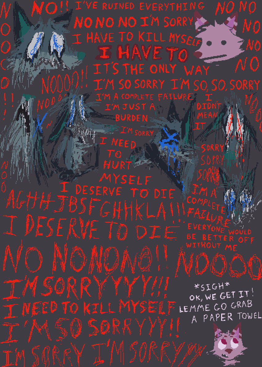 anthro apology blue_body blue_fur bodily_fluids clothing crying cutlery duo female fur furniture kitchen_utensils male mental_breakdown pink_body pink_fur red_text sad sigh spoon suicidal_ideation table tears text tools demensa emil_(demensa) canid canine canis coyote domestic_dog mammal 2023 comic digital_media_(artwork) english_text hi_res pixel_(artwork)