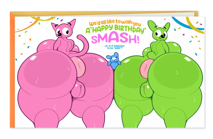 anthro anthro_on_anthro anus ass_to_ass big_breasts big_butt birthday blue_body bodily_fluids breasts bullying butt butts_touching confetti crush female genitals green_body group happy_birthday huge_butt hyper hyper_butt male male/female nude pink_body puffy_anus pussy smile standing streamers sweat tail text thick_thighs trio dogslickingsoda hallmark hoops_and_yoyo hoops_(hoops_and_yoyo) piddles_(hoops_and_yoyo) yoyo_(hoops_and_yoyo) cricetid domestic_cat felid feline felis hamster lagomorph leporid mammal rabbit rodent english_text