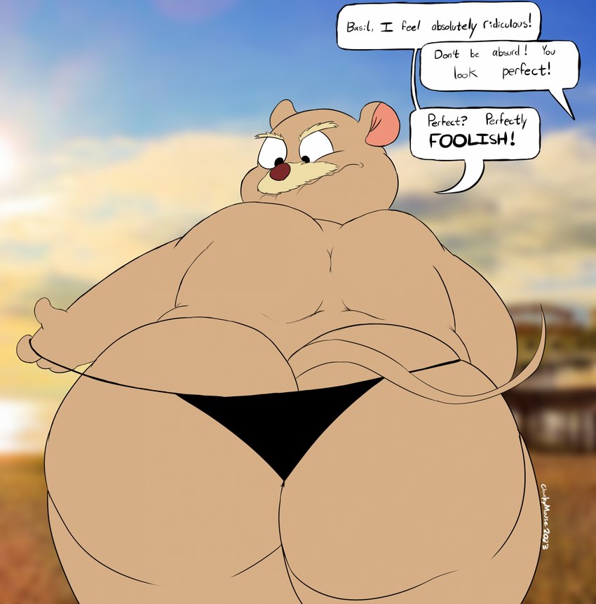 anthro big_butt black_clothing black_thong black_underwear brown_body butt clothed clothing clothing_pull detailed_background dialogue facial_hair humanoid_hands male mustache outside overweight overweight_male skimpy solo swimwear text thong thong_pull underwear underwear_pull chonkymouse disney the_great_mouse_detective david_dawson mammal mouse murid murine rodent 2023 english_text hi_res