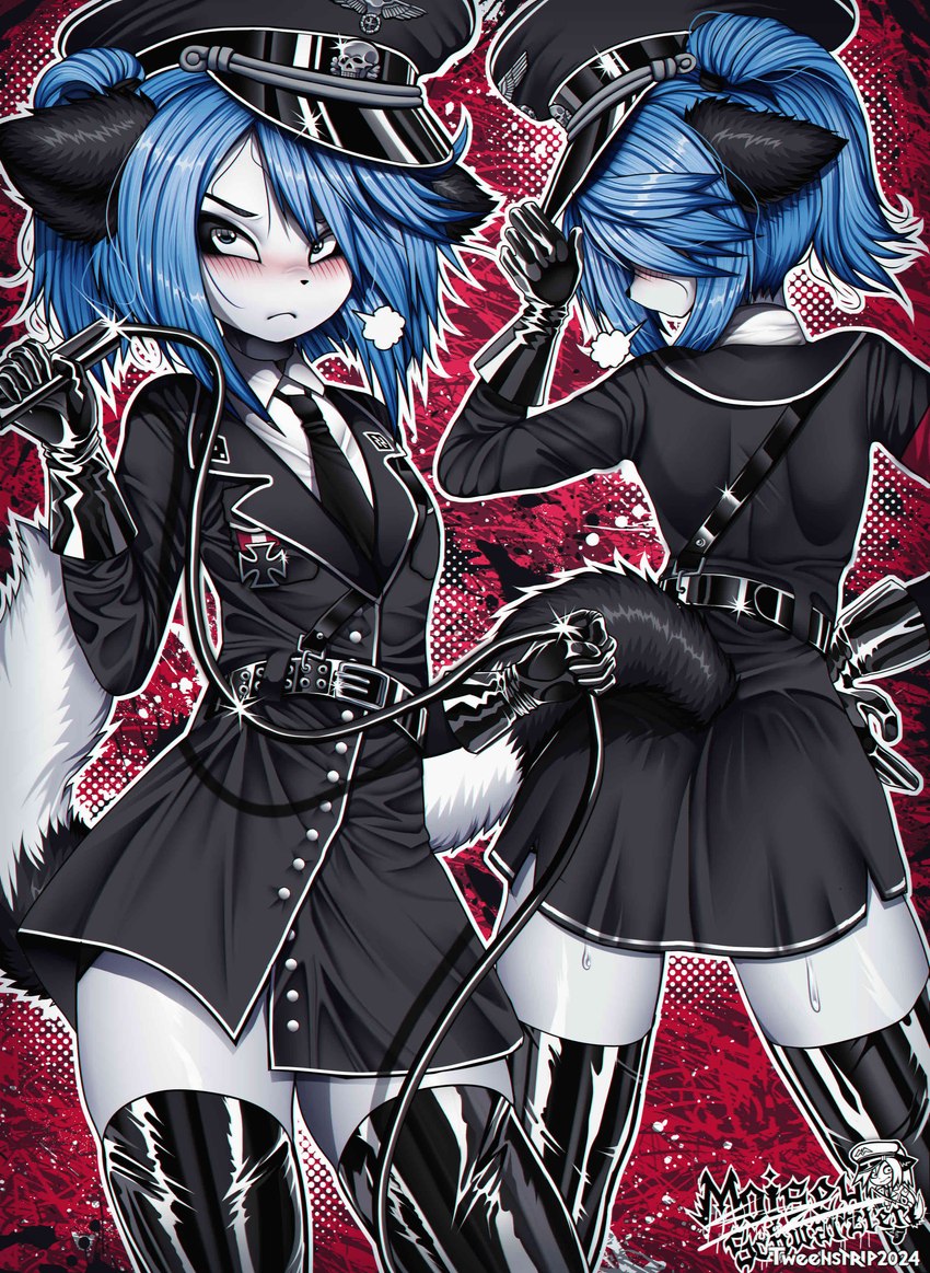 abstract_background anthro armband belt black_clothing black_dress black_ears blue_eyes blue_hair blush bodily_fluids butt clothing cross dress femboy footwear fur gloves hair handwear harness hat headgear headwear inner_ear_fluff iron_cross knee_highs knee_socks leather leather_clothing leather_harness legwear looking_at_viewer looking_back makeup male medal military_cap military_uniform nazi nazi_uniform necktie partieiadler ponytail rear_view skull_accessory socks solo sweat tail tuft uniform whip white_body white_fur tweenstrip moisha_(tweenstrip) avian bird canid canine fox galliform mammal marble_fox phasianid red_fox true_fox absurd_res hi_res