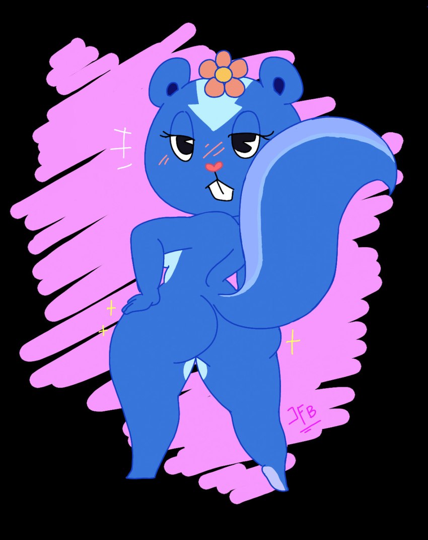 anthro big_tail blue_body blush buckteeth butt curvy_figure female hand_on_hip head_flower looking_back seductive simple_background solo tail teeth j.fbelen happy_tree_friends petunia_(htf) mammal mephitid skunk 2021 hi_res tagme