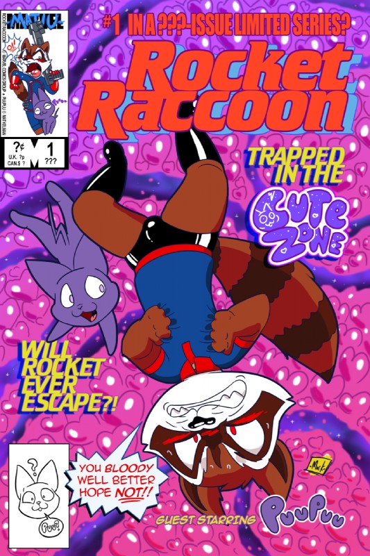 anthro blush duo fictional_magazine_cover gun heart_symbol male ranged_weapon text trapped upside_down weapon mat_kelman matiu guardians_of_the_galaxy marvel puupuu rocket_raccoon domestic_cat felid feline felis mammal procyonid raccoon cover english_text hi_res magazine_cover