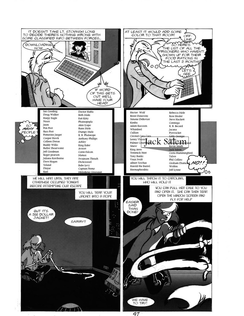 abduction anthro apartment argument artificial_intelligence cage clothing computer dialogue duo electronics escape escaping gesture hair hand_gesture hostage keyboard list male night pointing pointing_at_another police police_uniform rope sitting speech_bubble text thought_bubble uniform video_call roz_gibson avian bird human mammal 1989 2021 black_and_white comic english_text hi_res monochrome