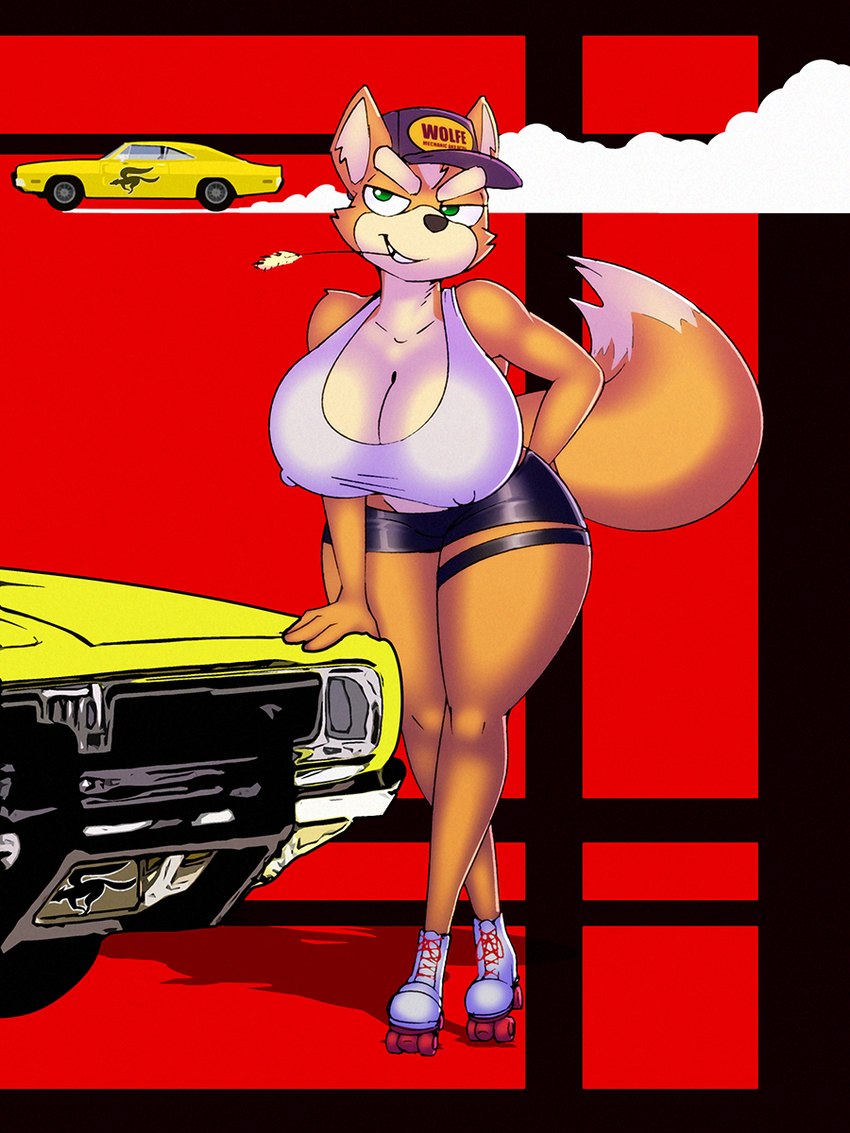 anthro baseball_cap big_breasts breasts car cleavage clothed clothing crossgender curvy_figure female hat headgear headwear huge_breasts mtf_crossgender nipple_outline quad_skates raised_tail roller_skates shirt skimpy smile smirk solo tail tank_top thick_thighs topwear vehicle wheat_in_mouth wide_hips dracojeff dodge_(brand) dodge_charger nintendo star_fox fox_mccloud canid canine fox mammal 3:4 hi_res