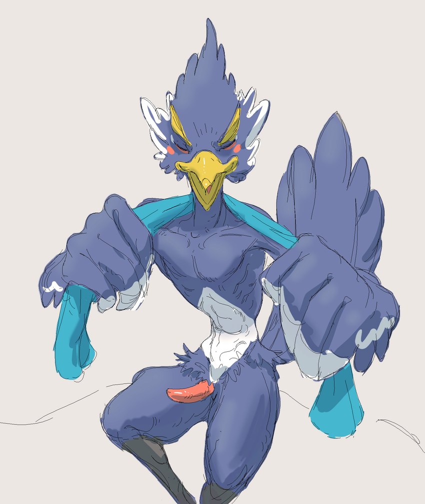 anthro beak blue_body blue_feathers erection eyes_closed feathers genitals male nude open_mouth penis simple_background sitting skinny skinny_anthro skinny_male slim small_waist smile solo white_background winged_arms wings scuotivento breath_of_the_wild nintendo the_legend_of_zelda revali avian bird rito digital_media_(artwork) hi_res