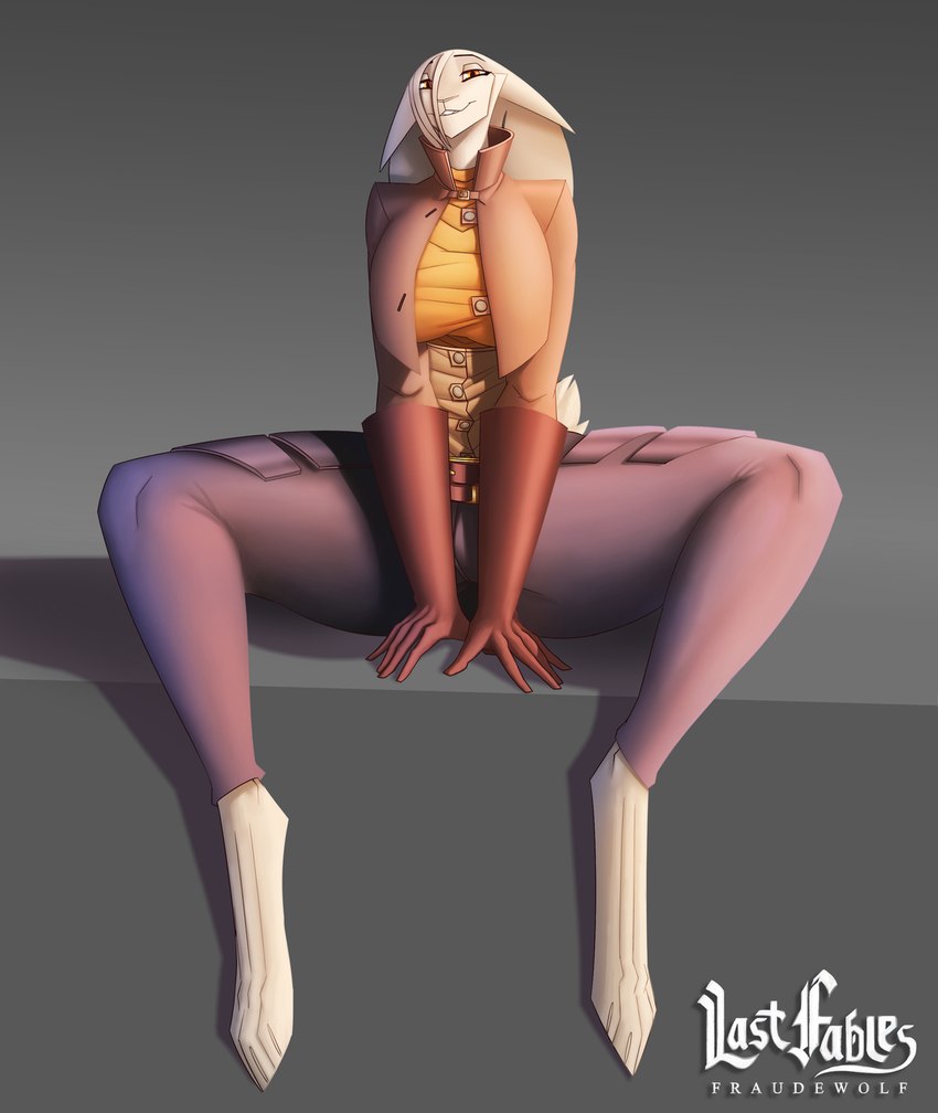 anthro barefoot clothing ears_down feet female gloves handwear looking_at_viewer pivoted_ears simple_background sitting solo spread_legs spreading xplaysx last_fables eni_siverets_(last_fables) hare lagomorph leporid mammal rabbit hi_res