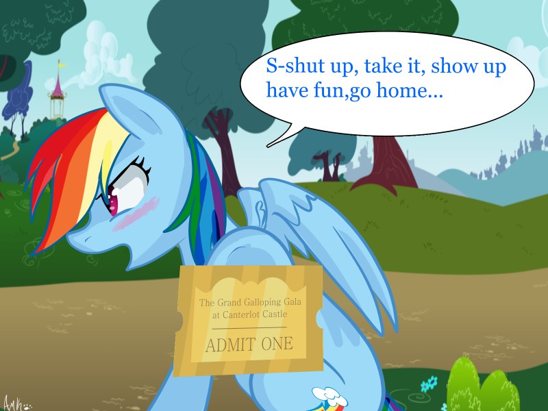 blue_body blue_feathers blue_fur blush building cloud cutie_mark dialogue feathered_wings feathers female feral fur grass hair looking_away multicolored_hair outside plant purple_eyes rainbow_hair sitting sky solo text ticket tree tsundere wings pon3splash friendship_is_magic hasbro my_little_pony mythology rainbow_dash_(mlp) equid equine mammal mythological_creature mythological_equine pegasus 2013 4:3 english_text hi_res