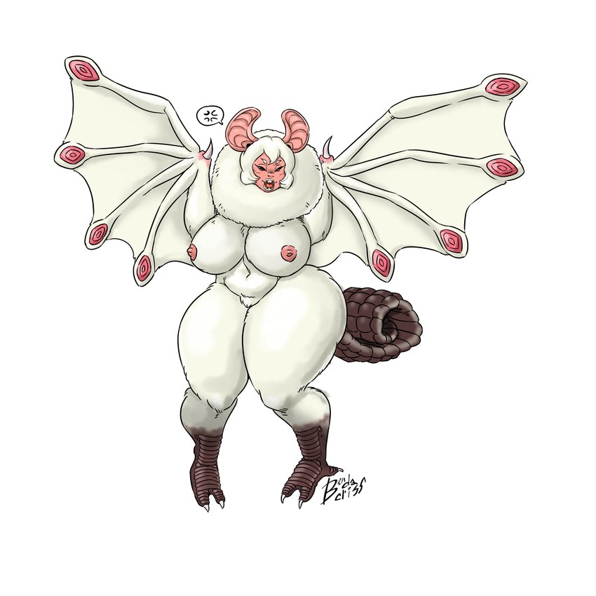 angry anthro bat_ears bat_wings big_breasts breasts cross-popping_vein curled_tail female fur humanoid_face membrane_(anatomy) membranous_wings monster_girl_(genre) navel nipples pink_body pink_skin simple_background solo tail thick_thighs white_background white_body white_fur white_wings wide_hips wings bendacriss capcom european_mythology monster_hunter mythology dragon flying_wyvern mythological_creature mythological_scalie paolumu scalie western_dragon wyvern 1:1 absurd_res artist_name hi_res signature