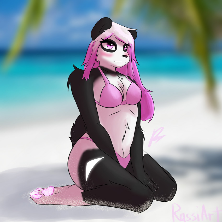 anthro big_tail bikini bikini_bottom bikini_top clothing female glowing glowing_markings glowing_pawpads hair markings pawpads pink_hair side_view solo swimwear tail two-piece_swimsuit rassiart squishy_the_panda bear giant_panda mammal 1:1 hi_res