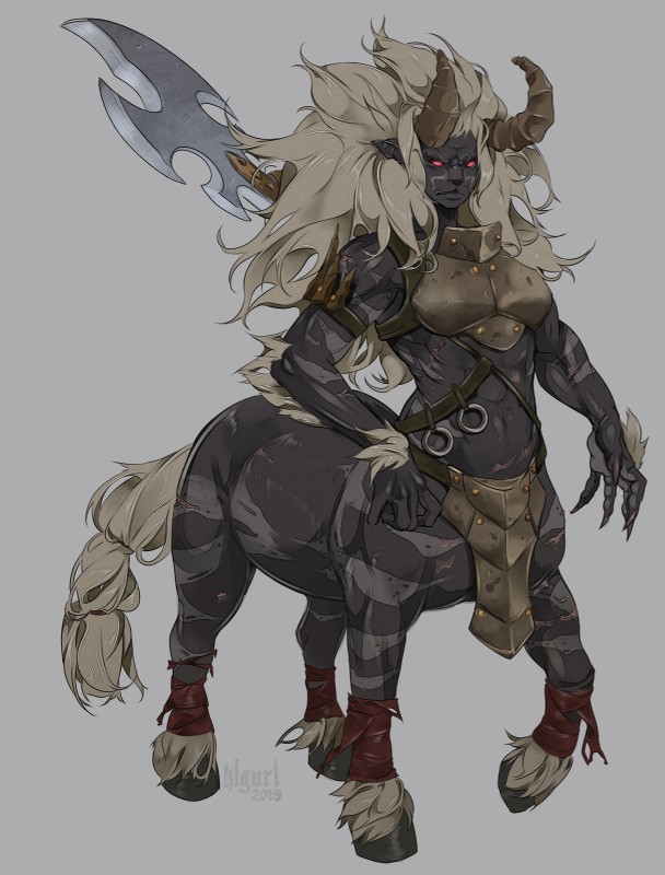 5_fingers armor female fingers grey_background hair horn simple_background solo standing kiguri breath_of_the_wild nintendo the_legend_of_zelda lynel taur 2019 digital_media_(artwork) hi_res