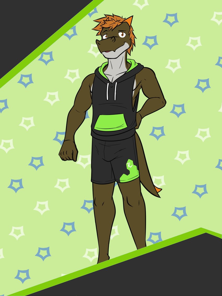 abstract_background anthro anthrofied bottomwear clothed clothing fully_clothed male pokemorph shorts sleeveless_hoodie solo fuze nintendo pokemon cliff_(fuze) fossil_pokemon generation_6_pokemon pokemon_(species) tyrunt 3:4 hi_res