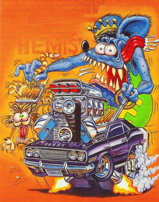 black_hair bloodshot_eyes blue_eyes bodily_fluids bulging_eyes burnout car clothed clothing crown drooling duo fire green_eyes hair headgear motion_lines mouse_trap muscle_car open_mouth saliva sharp_teeth smoke teeth text tongue tongue_out trap_(contrivance) vehicle ed_roth chrysler dodge_(brand) dodge_challenger ed_'big_daddy'_roth mopar rat_fink ambient_arthropod ambient_fly ambient_insect arthropod domestic_cat felid feline felis fly_(animal) insect mammal murid murine rat rodent english_text hi_res traditional_media_(artwork)