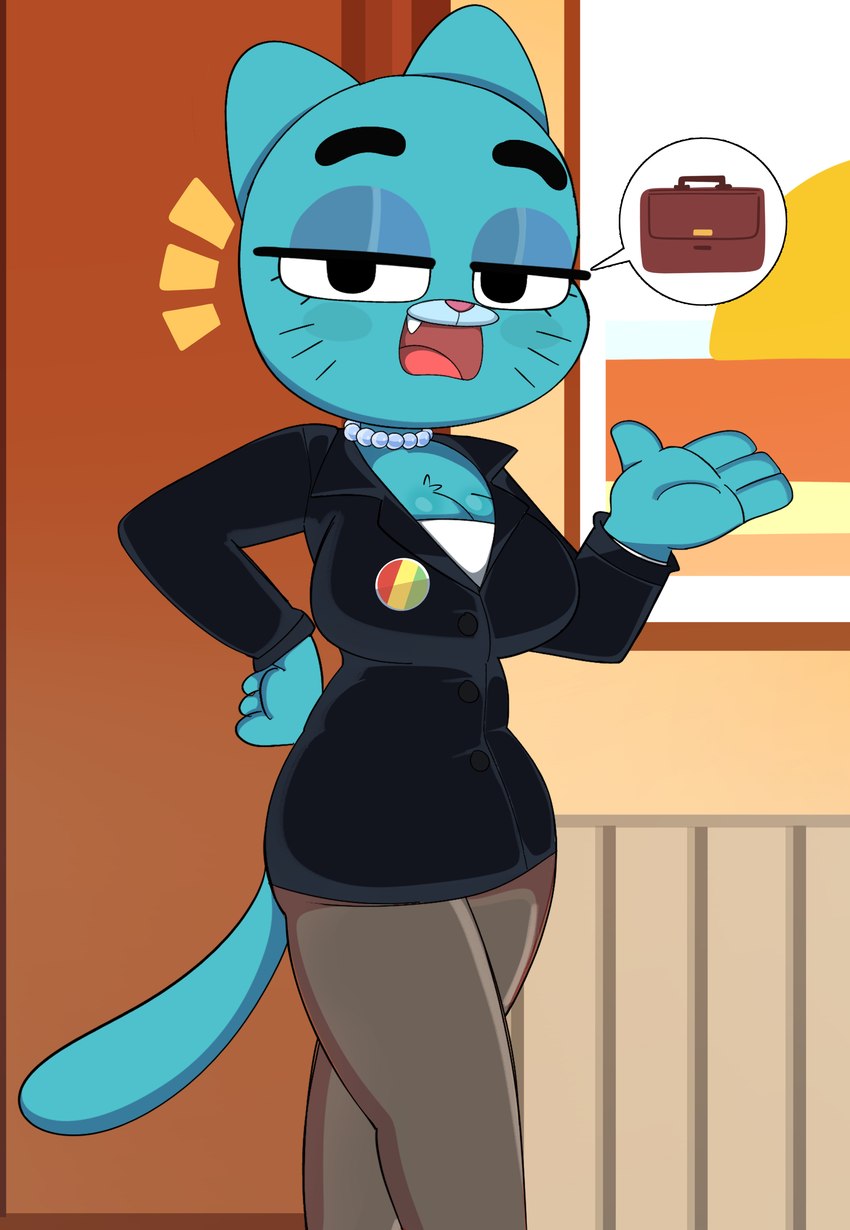 anthro blush blush_stickers bottomwear breasts briefcase business_suit cleavage clothed clothing female gem hand_on_hip jewelry legwear looking_at_viewer necklace open_mouth pantyhose pearl_(gem) pearl_necklace skirt solo suit onibi cartoon_network the_amazing_world_of_gumball nicole_watterson domestic_cat felid feline felis mammal absurd_res hi_res