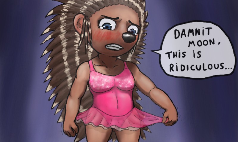 anthro ballerina ballet ballet_dress ballet_leotard blush bodily_fluids clothed clothing dancewear dress embarrassed female leotard quills_(anatomy) solo speech_bubble tears text nsfy_(artist) illumination_entertainment sing_(movie) ash_(sing) crested_porcupine mammal old_world_porcupine porcupine rodent english_text