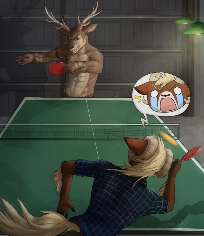 5_fingers abs anthro antlers ball blonde_hair bodily_fluids brown_body brown_fur clenched_teeth clothed clothing crying duo fetlocks fingers fur furniture garage green_eyes hair holding_object hooves horn inside male mane navel paddle plaid shirt speech_bubble sport table table_tennis table_tennis_ball table_tennis_net table_tennis_paddle table_tennis_table tattoo tears teeth topless topwear lucinda_wolf bronx_buckridge luka_o'lafferty texas_hart bighorn_sheep bovid canid canine caprine cervine deer elk equid equine fox horse hybrid mammal sheep pictographics