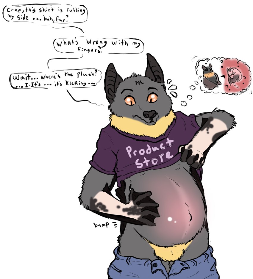 ambiguous_gender anthro clothing dialogue fetal_movement fur fur_growth growth membrane_(anatomy) membranous_wings pregnant rodriguez_flying_fox shirt solo startled surprise_transformation t-shirt text thought_bubble topwear transformation wing_growth wings welcometaco bat flying_fox mammal megabat english_text hi_res