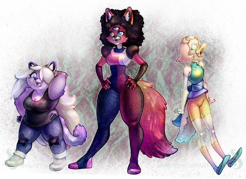 3_eyes alternate_species anthro beak black_hair blue_eyes bottomwear chest_gem clothed clothing fangs female footwear forehead_gem fully_clothed fur gem group hair hand_behind_head hands_on_hips heterochromia inner_ear_fluff legwear long_hair multi_eye pants pose pupils purple_body purple_eyes purple_fur red_eyes shirt shoes short_hair shorts slit_pupils socks spandex spandex_shorts standing tank_top teeth tight_bottomwear tight_clothing tight_shorts topwear tuft white_hair wide_hips analostan cartoon_network steven_universe amethyst_(steven_universe) garnet_(steven_universe) pearl_(steven_universe) alien alien_humanoid amethyst_(gem_species) anatid anseriform avian bird canid canine duck gem_(species) gem_fusion humanoid mammal pearl_(gem_species) quartz_(gem_species)