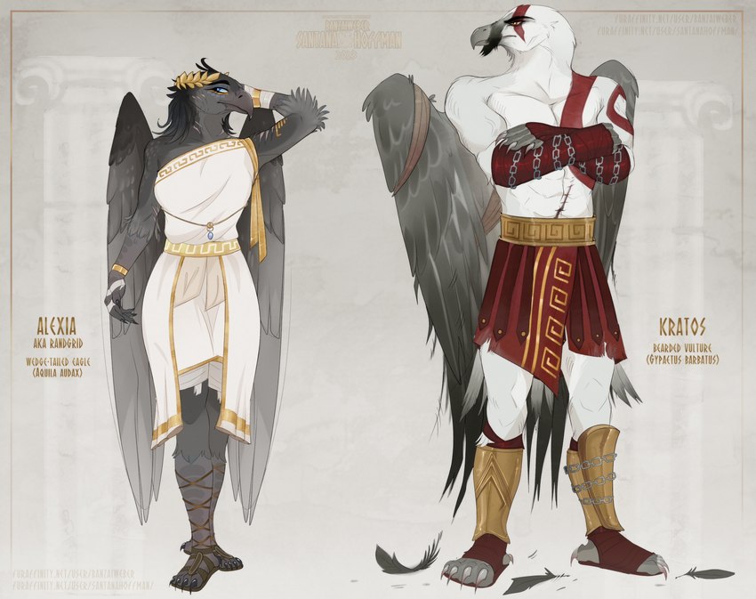 anthro beak blue_eyes breasts brown_eyes chain clothed clothing crossed_arms duo feathers female front_view grey_beak grey_body grey_feathers hand_behind_back male markings mouth_closed non-mammal_breasts red_clothing red_markings scar standing white_body white_clothing santanahoffman god_of_war sony_corporation sony_interactive_entertainment kratos accipitrid accipitriform avian bearded_vulture bird eagle old_world_vulture true_eagle vulture wedge-tailed_eagle 2023 artist_name dated hi_res