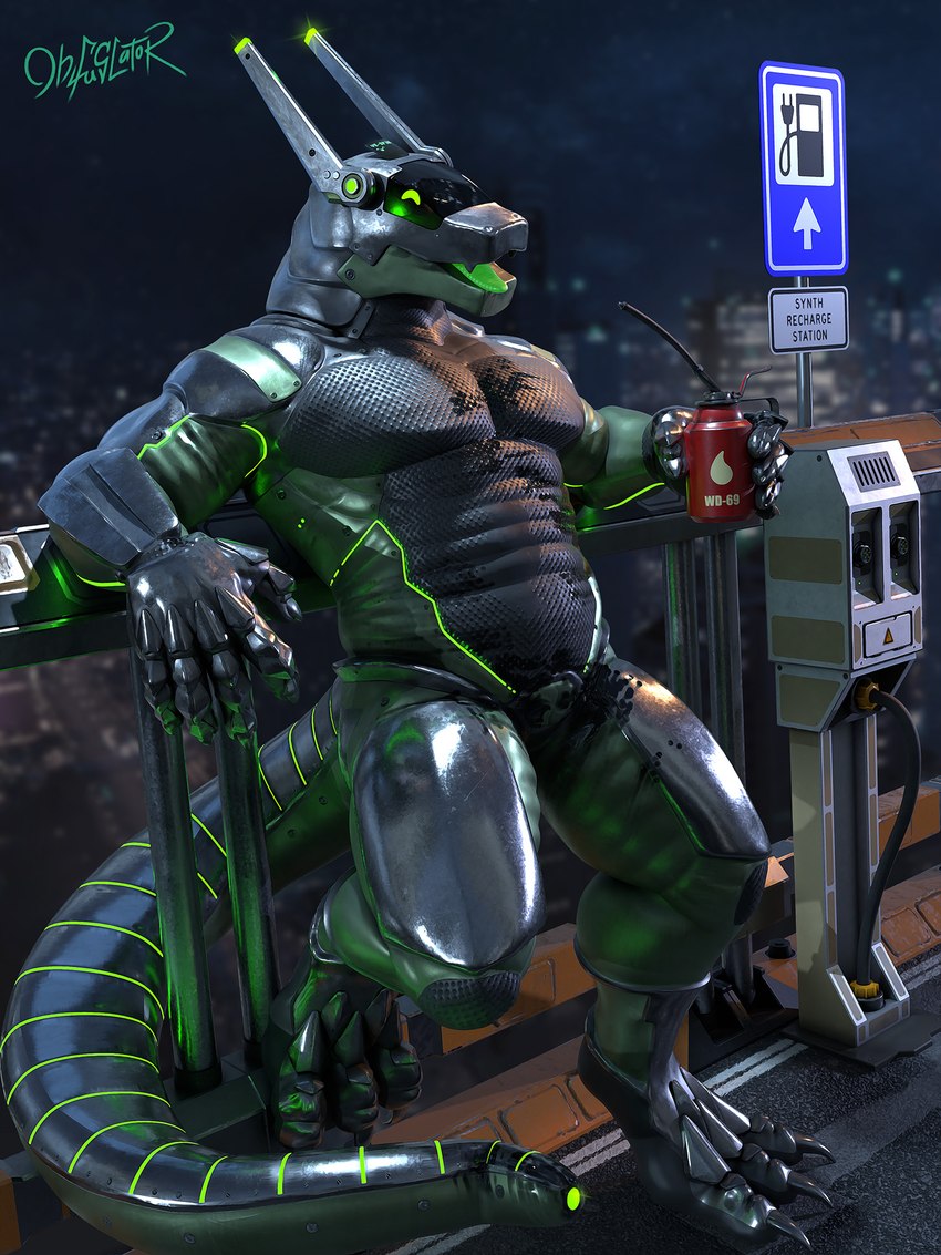 anthro armor armrest bent_arm beverage city dark_body detailed_background dirty drinking fence glistening glistening_body green_body green_eyes happy latex latex_body looking_at_viewer machine male metal metallic_body muscular muscular_anthro muscular_male night oil oil_can open_mouth outside science_fiction sign sky skyline smile solo station tail tongue obfuscator cc-by-nc-nd creative_commons mythology vesper android dragon mythological_creature mythological_scalie robot scalie synth_(vader-san) 3:4 3d_(artwork) digital_media_(artwork) hi_res