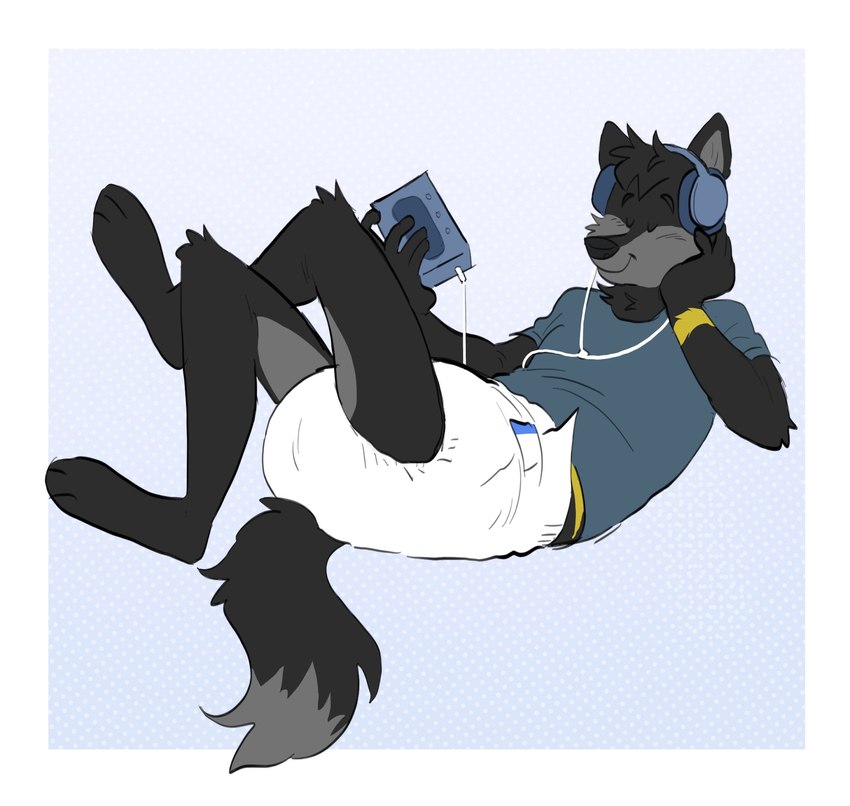 anthro black_body black_fur blue_background clean_diaper clothed clothing crossed_legs diaper electronics eyes_closed fur grey_body grey_fur headphones listening_to_music lying male on_back pantsless relaxing shirt simple_background solo topwear wearing_diaper white_background slusheep canid canine mammal hi_res