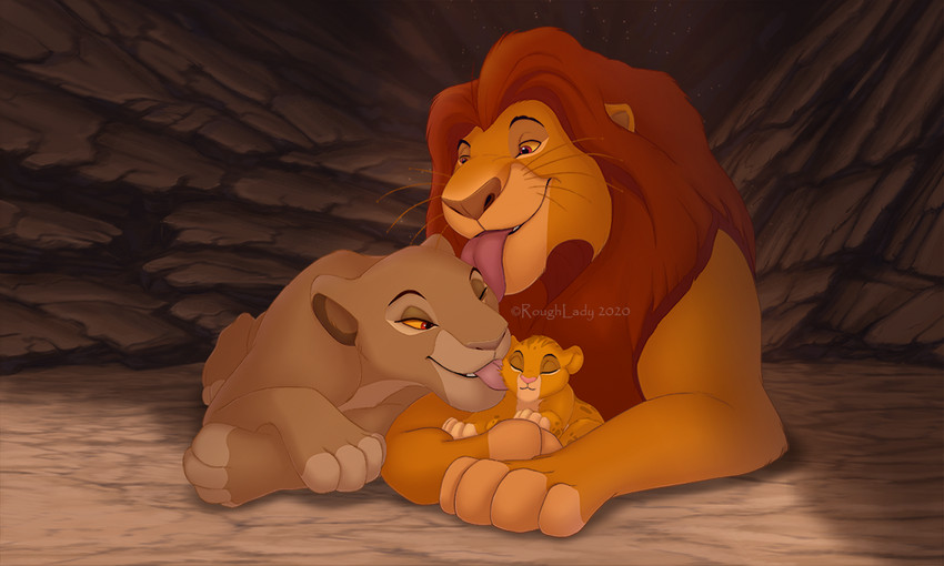 detailed_background family female feral fur group lick_kiss licking male mature_female mature_feral mature_male nude personal_grooming social_grooming text tongue tongue_out trio young young_feral roughlady disney the_lion_king mufasa sarabi_(the_lion_king) simba_(the_lion_king) felid lion mammal pantherine 2020 5:3 digital_drawing_(artwork) digital_media_(artwork)