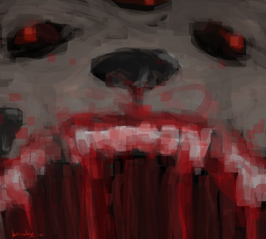 ambiguous_gender bared_teeth black_background black_sclera blood blood_from_mouth blood_in_mouth blood_on_fur blood_on_teeth bodily_fluids brown_body brown_fur fangs fangs_bared feral fur multi_eye multi_mouth multi_snout nightmare_fuel open_mouth red_eyes simple_background solo teeth what darkcyndoge canid canine canis domestic_dog mammal hi_res