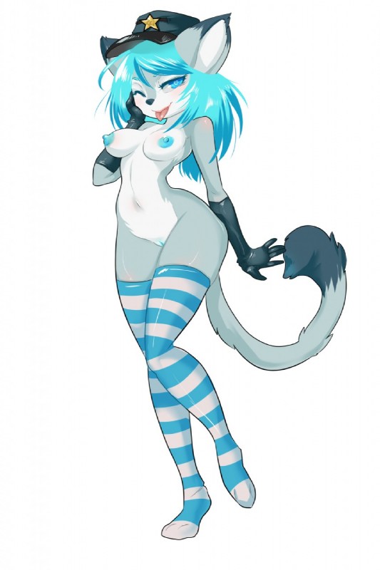 anthro blue_eyes blue_hair breasts clothing female fur genitals gloves hair handwear hat headgear headwear legwear looking_at_viewer navel nipples one_eye_closed pussy simple_background smile solo stockings tongue tongue_out wide_hips tweedabop minty_(thuric) domestic_cat felid feline felis mammal 2015 hi_res