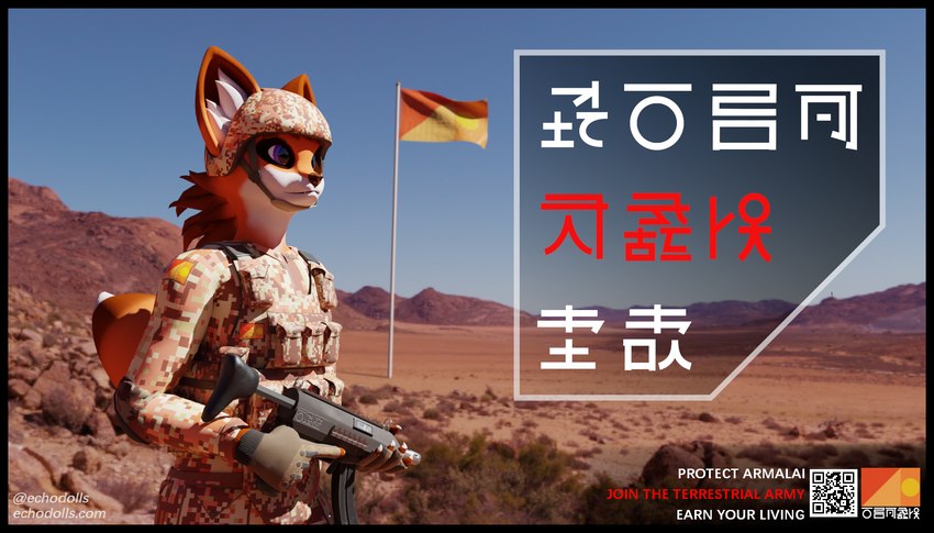 ambiguous_gender anthro armor combat_gear combat_gloves combat_helmet day desert detailed_background flag flag_(object) flag_(shape) flag_design flag_patch flagpole gun headgear helmet holding_gun holding_object holding_ranged_weapon holding_weapon military nature nature_background outside patch_(fabric) pole poster poster_template propaganda propaganda_poster qr_code ranged_weapon solo submachine_gun text weapon worldbuilding echodolls echodolls_(band) echodoll maco_(echodolls) canid canine fox humanoid lafoyan mammal constructed_language digital_media_(artwork) english_text hi_res female_(lore) trans_(lore) trans_woman_(lore)