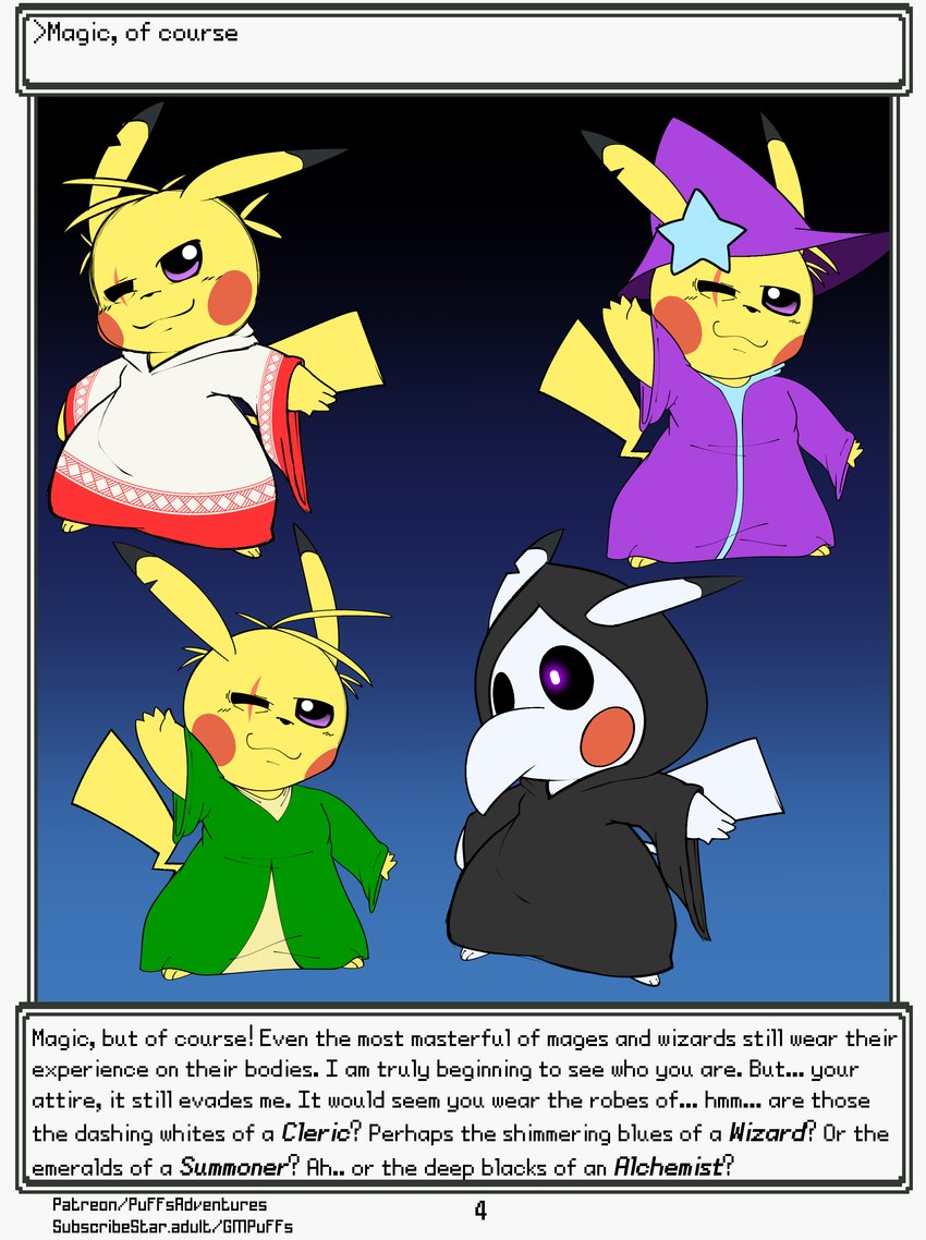 animal_mask beak_mask clothing eye_scar facial_scar group hat headgear headwear male mask narration robe scar smile solo text white_body witch_hat softestpuffss nintendo pokemon pokemon_mystery_dungeon rodent_powered_(softestpuffss) spike_chunsoft generation_1_pokemon pikachu pokemon_(species) absurd_res english_text hi_res