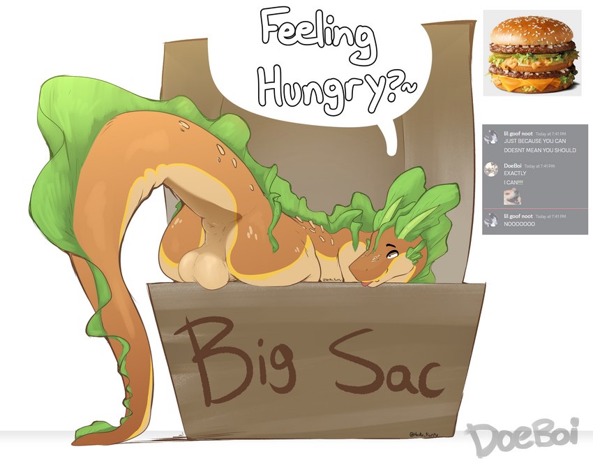 anus balls bedroom_eyes big_mac_(burger) feral food genitals male narrowed_eyes presenting presenting_anus seductive solo speech_bubble tail text doeboi mythology dragon food_creature mythological_creature mythological_scalie scalie english_text hi_res