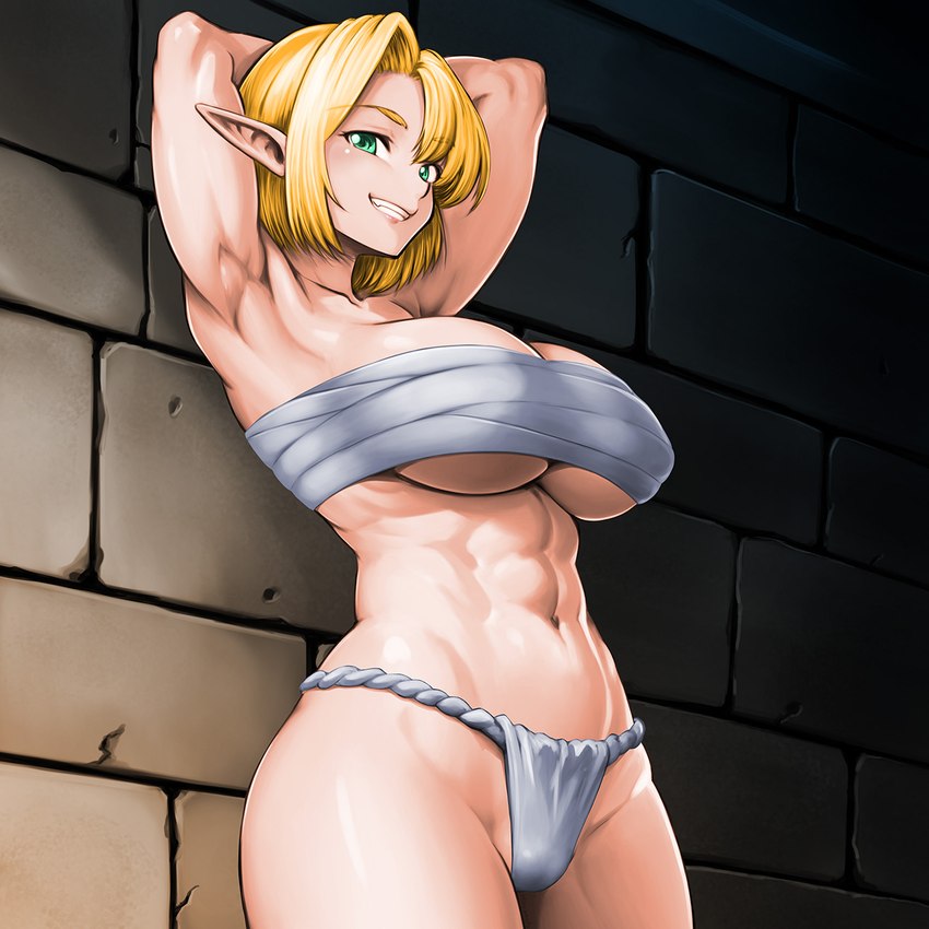 abs asian_clothing big_breasts blonde_hair breasts brick_wall chest_wraps clothing east_asian_clothing eyelashes female fundoshi green_eyes hair hands_behind_head huge_breasts humanoid_pointy_ears japanese_clothing looking_at_viewer muscular muscular_female navel pointy_ears smile solo tan_body tan_skin thick_thighs under_boob underwear wall_(structure) wide_hips wraps minamoto80486 wizardry elf humanoid hi_res