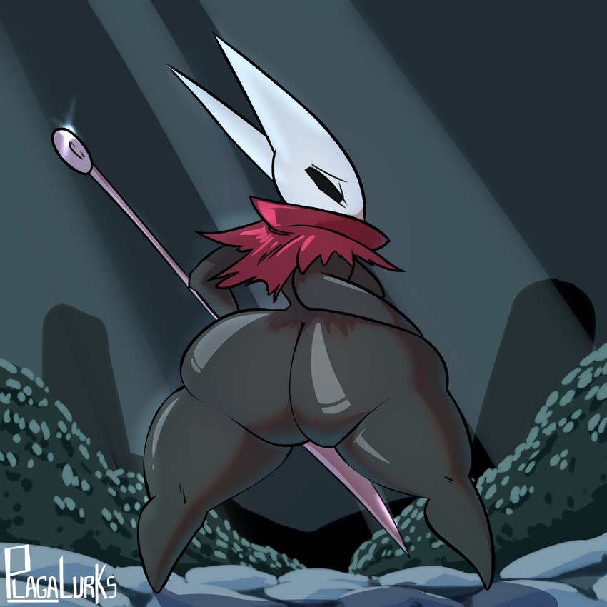 anthro big_butt black_body butt cloak clothing empty_eyes female holding_object holding_weapon huge_butt looking_at_viewer looking_back nail_(weapon) nude solo thick_thighs torn_clothing weapon plaga hollow_knight team_cherry hornet_(hollow_knight) arthropod 1:1 2023 hi_res