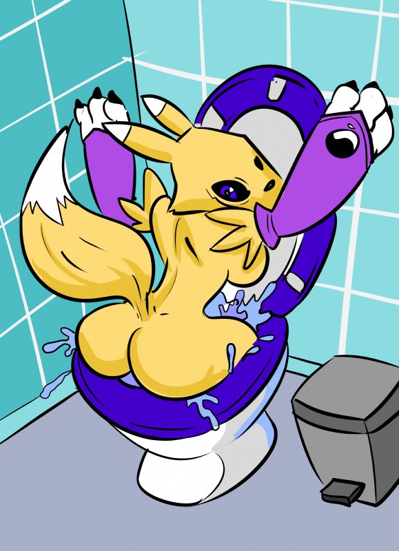 anthro bathroom blue_eyes body_in_toilet breasts butt female flush_vore in_toilet solo stuck stuck_in_toilet water discardo bandai_namco digimon canid canine digimon_(species) mammal renamon absurd_res digital_media_(artwork) hi_res