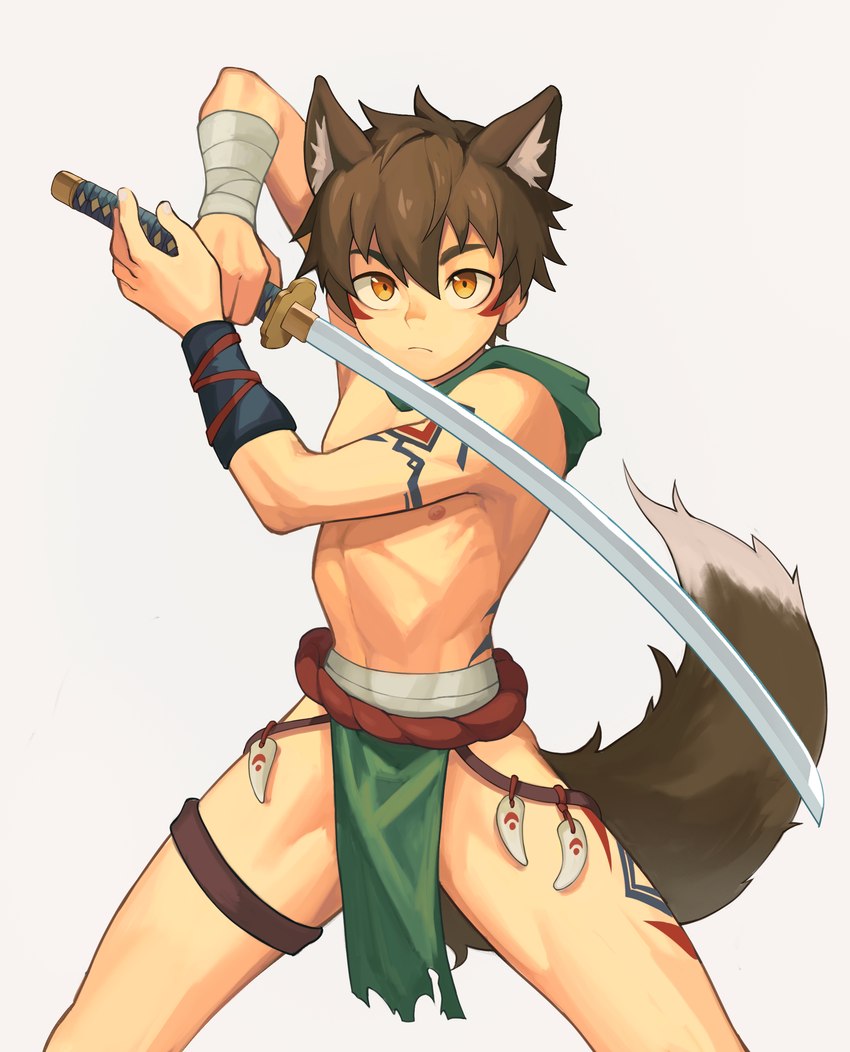 biped bottomwear brown_hair clothing dipstick_tail eyebrows hair holding_melee_weapon holding_object holding_sword holding_weapon human_and_animal_ears inner_ear_fluff loincloth male markings melee_weapon multi_ear solo sword tail tail_markings tuft weapon young young_humanoid young_male tanukix3 animal_humanoid canid canid_humanoid canine canine_humanoid humanoid mammal mammal_humanoid tailed_humanoid absurd_res hi_res