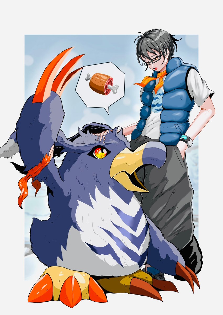 anthro beak black_body black_fur blue_body blue_feathers claws clothing digivice duo eyewear feathers fur glasses hand_in_pocket hungry male orange_eyes pockets topwear vest sutunununu bandai_namco digimon digimon_(species) human mammal penguinmon hi_res