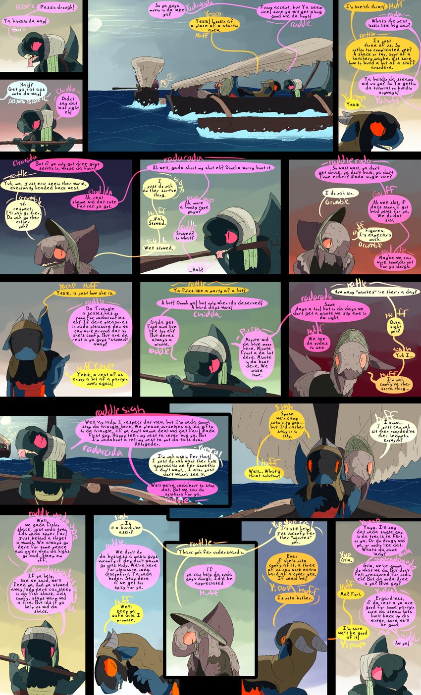 canoe dialogue fantasy female feral group lake male post-apocalyptic profanity text vehicle water watercraft thepatchedragon dragonscape mythology forl_(thepatchedragon) gila_(thepatchedragon) hiker_(thepatchedragon) jat_(thepatchedragon) dinosaur dragon drekir mythological_creature mythological_scalie prehistoric_species reptile scalie theropod absurd_res comic english_text hi_res