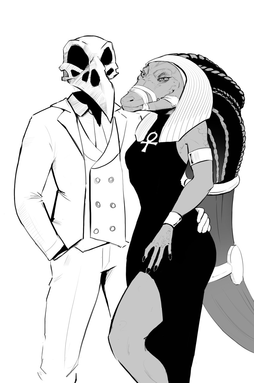 4_fingers ankh anthro arm_around_partner armlet bandage beak big_eyes big_hair biped bone bottomwear braided_hair breasts button_(fastener) claws closed_smile clothed clothing dark_body dark_claws dark_clothing dark_dress dark_hair dark_scales dress duo egyptian egyptian_clothing egyptian_headdress empty_eyes eyelashes female finger_claws fingers front_view fully_clothed fully_clothed_anthro fully_clothed_male glistening glistening_eyes hair hand_in_pocket iris long_hair looking_at_viewer male male/female mouth_closed nemes_(clothing) non-mammal_breasts pants pockets pupils scales skull skull_head smile smiling_at_viewer snout standing straight_leg suit teeth wide_hips maddofoutworld egyptian_mythology marvel marvel_cinematic_universe middle_eastern_mythology moon_knight_(series) mythology ammit ammit_(moon_knight) khonshu avian crocodile crocodilian deity reptile scalie 2022 absurd_res black_and_white digital_drawing_(artwork) digital_media_(artwork) hi_res monochrome portrait three-quarter_portrait