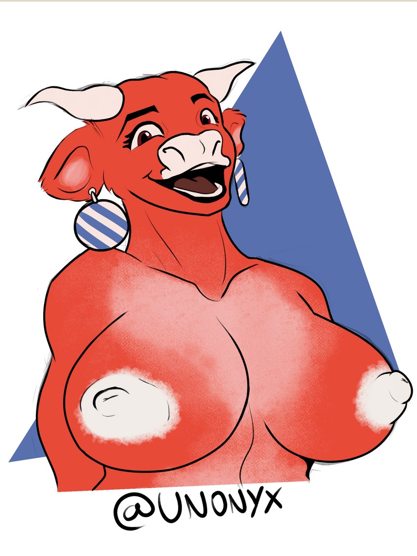 anthro big_breasts breasts ear_piercing ear_ring female fur hands_behind_back horn laugh nipples piercing red_body red_fur ring_piercing smile solo white_nipples unonyx bel_group the_laughing_cow bovid bovine cattle mammal 3:4 absurd_res half-length_portrait hi_res portrait